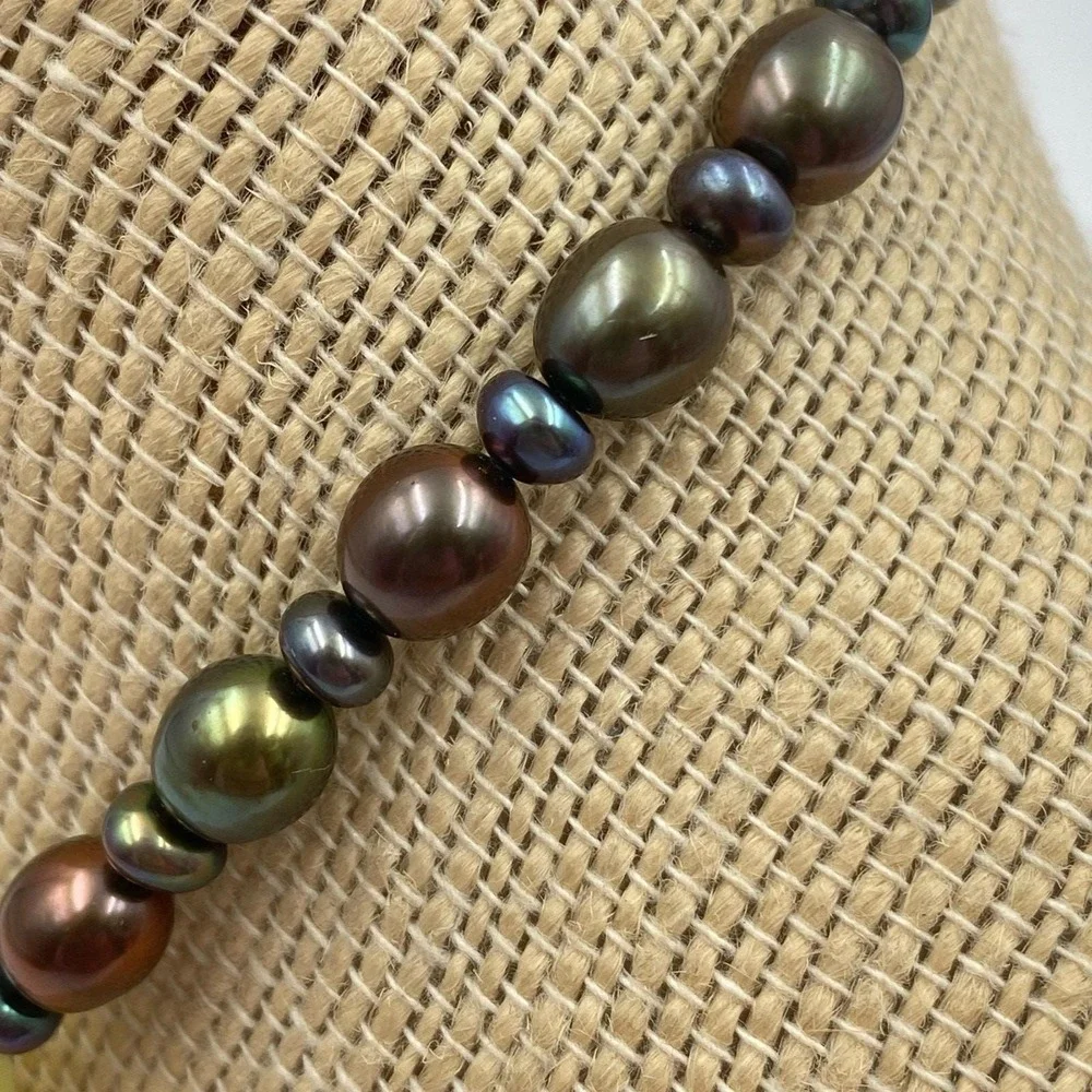 Flat Serpentine Gemstone Freshwater Pearls Sterling Silver Necklace & Earrings - Picture 6 of 10